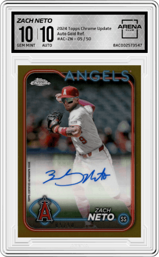 Zach Neto from the 2024 Topps Chrome Update set featuring a Gold Refractor parallel graded by Arena Club and given an overall grade of 10.