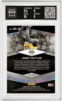 Jimmy Butler from the 2022-23 Panini Prizm Draft Picks set featuring a Gold Prizm parallel graded by Arena Club and given an overall grade of 9.