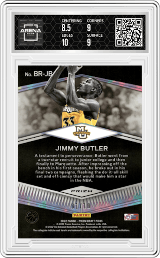 Jimmy Butler from the 2022-23 Panini Prizm Draft Picks set featuring a Gold Prizm parallel graded by Arena Club and given an overall grade of 9.