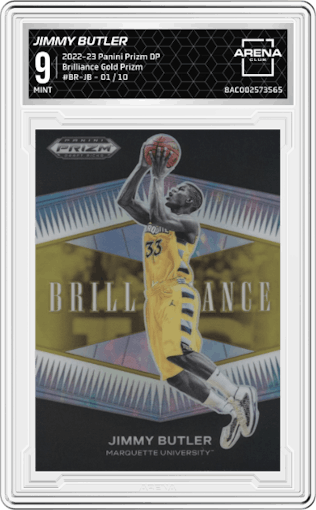 Jimmy Butler from the 2022-23 Panini Prizm Draft Picks set featuring a Gold Prizm parallel graded by Arena Club and given an overall grade of 9.
