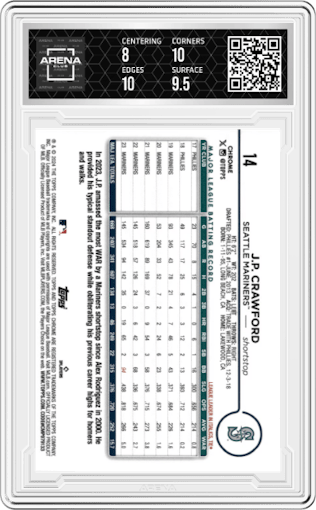 J.P. Crawford from the 2024 Topps Chrome Logofractor set featuring a  Red MLB Refractor parallel graded by Arena Club and given an overall grade of 8.5.