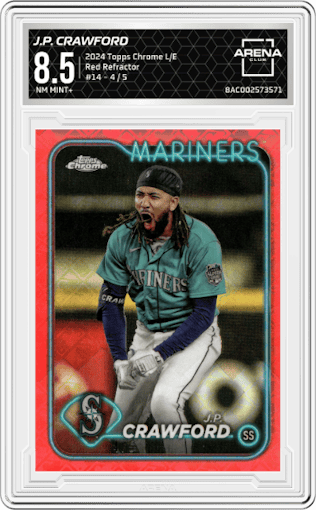 J.P. Crawford from the 2024 Topps Chrome Logofractor set featuring a  Red MLB Refractor parallel graded by Arena Club and given an overall grade of 8.5.