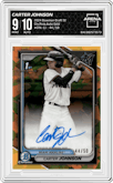 Carter Johnson from the 2024 Bowman Draft Sapphire Edition set featuring a Gold parallel graded by Arena Club and given an overall grade of 9.