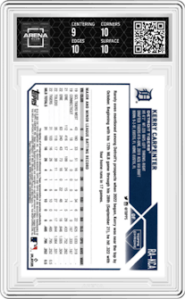 Kerry Carpenter from the 2023 Topps Chrome set featuring a Purple Refractor parallel graded by Arena Club and given an overall grade of 9.5.