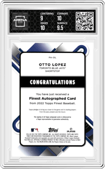Otto Lopez from the 2022 Topps Finest set featuring a Red Wave Refractor parallel graded by Arena Club and given an overall grade of 9.5.