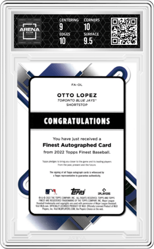 Otto Lopez from the 2022 Topps Finest set featuring a Red Wave Refractor parallel graded by Arena Club and given an overall grade of 9.5.