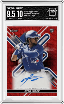 Otto Lopez from the 2022 Topps Finest set featuring a Red Wave Refractor parallel graded by Arena Club and given an overall grade of 9.5.