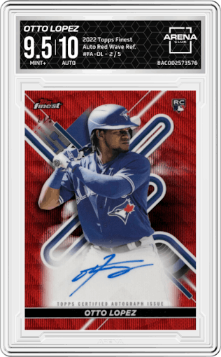 Otto Lopez from the 2022 Topps Finest set featuring a Red Wave Refractor parallel graded by Arena Club and given an overall grade of 9.5.