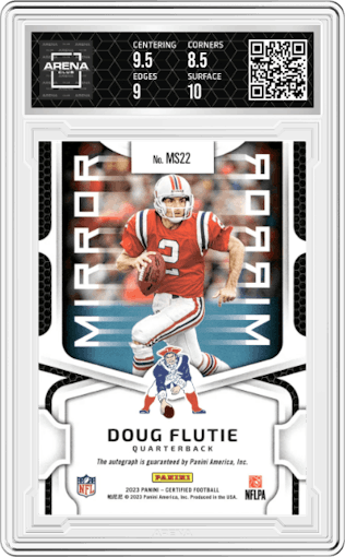 Doug Flutie from the 2023 Panini Certified set featuring a Purple parallel graded by Arena Club and given an overall grade of 9.