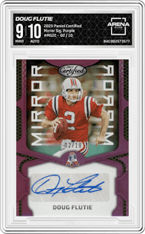 Doug Flutie from the 2023 Panini Certified set featuring a Purple parallel graded by Arena Club and given an overall grade of 9.