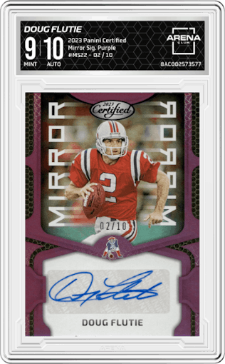 Doug Flutie from the 2023 Panini Certified set featuring a Purple parallel graded by Arena Club and given an overall grade of 9.