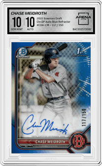 Chase Meidroth  from the 2022 Bowman Draft set featuring a Blue Refractor parallel graded by Arena Club and given an overall grade of 10.