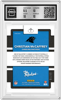 Christian McCaffrey from the 2017 Panini Donruss Optic set featuring a Red parallel graded by Arena Club and given an overall grade of 10.