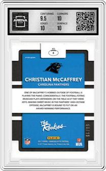 Christian McCaffrey from the 2017 Panini Donruss Optic set featuring a Red parallel and given an overall grade of 10.