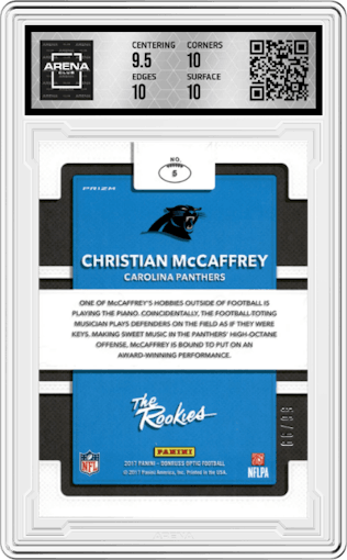 Christian McCaffrey from the 2017 Panini Donruss Optic set featuring a Red parallel graded by Arena Club and given an overall grade of 10.