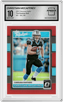 Christian McCaffrey from the 2017 Panini Donruss Optic set featuring a Red parallel and given an overall grade of 10.