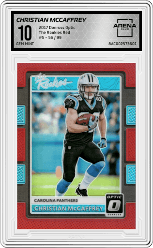 Christian McCaffrey from the 2017 Panini Donruss Optic set featuring a Red parallel graded by Arena Club and given an overall grade of 10.