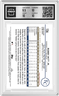 Bobby Witt Jr. from the 2024 Topps Gilded Collection set featuring a Gold Wave Refractor parallel and given an overall grade of 10.