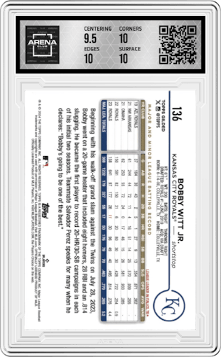 Bobby Witt Jr. from the 2024 Topps Gilded Collection set featuring a Gold Wave Refractor parallel graded by Arena Club and given an overall grade of 10.