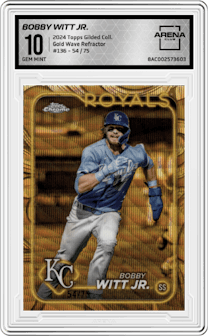 Bobby Witt Jr. from the 2024 Topps Gilded Collection set featuring a Gold Wave Refractor parallel and given an overall grade of 10.
