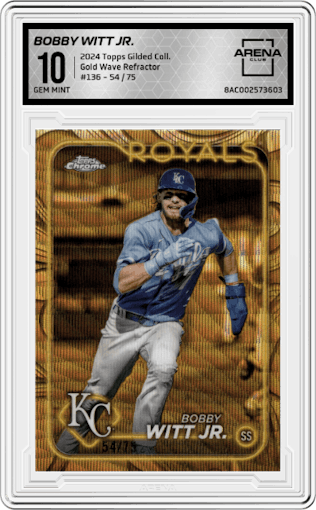 Bobby Witt Jr. from the 2024 Topps Gilded Collection set featuring a Gold Wave Refractor parallel graded by Arena Club and given an overall grade of 10.