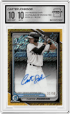 Carter Johnson from the 2024 Bowman Draft set featuring a Gold Shimmer Refractor parallel graded by Arena Club and given an overall grade of 10.