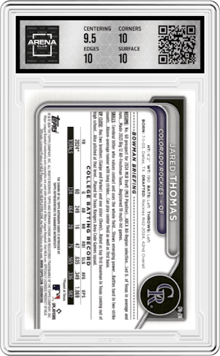 Jared Thomas from the 2024 Bowman Draft Sapphire Edition set graded by Arena Club and given an overall grade of 10.