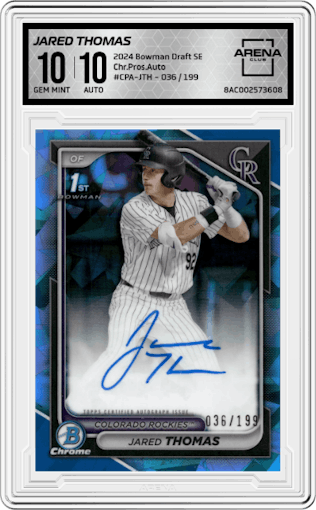 Jared Thomas from the 2024 Bowman Draft Sapphire Edition set graded by Arena Club and given an overall grade of 10.