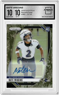 Nate Wiggins from the 2024 Panini Prizm set featuring a Camo parallel graded by Arena Club and given an overall grade of 10.
