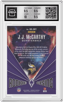 J.J. McCarthy from the 2024 Panini Phoenix set featuring a Blue parallel graded by Arena Club and given an overall grade of 10.