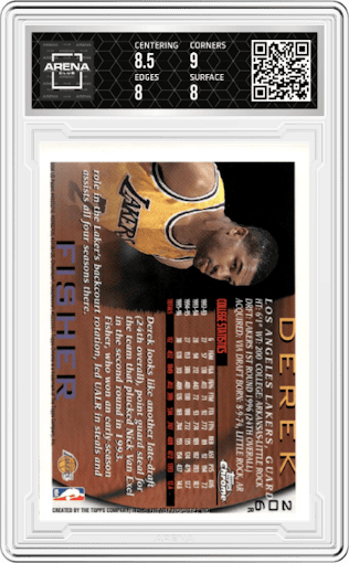 Derek Fisher from the 1996-97 Topps Chrome set featuring a Refractor parallel graded by Arena Club and given an overall grade of 8.5.