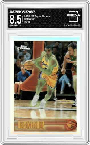 Derek Fisher from the 1996-97 Topps Chrome set featuring a Refractor parallel graded by Arena Club and given an overall grade of 8.5.