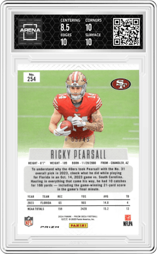 Ricky Pearsall from the 2024 Panini Prizm Deca set featuring a Orange Prizm parallel graded by Arena Club and given an overall grade of 9.