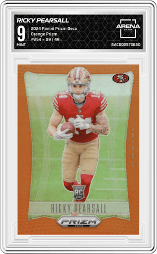 Ricky Pearsall from the 2024 Panini Prizm Deca set featuring a Orange Prizm parallel graded by Arena Club and given an overall grade of 9.