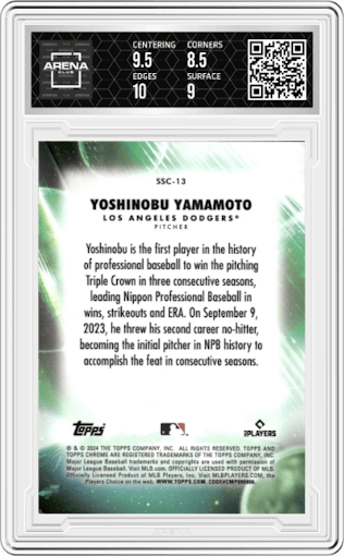 Yoshinobu Yamamoto from the 2024 Topps Chrome Update set featuring a Orange Refractor parallel graded by Arena Club and given an overall grade of 9.