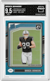 Brock Bowers from the 2024 Donruss Optic set featuring a Aqua parallel graded by Arena Club and given an overall grade of 9.5.