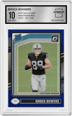 Brock Bowers from the 2024 Donruss Optic set featuring a Blue parallel graded by Arena Club and given an overall grade of 10.
