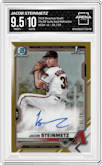 Jacob Steinmetz from the 2021 Bowman Draft set featuring a Gold Refractor parallel graded by Arena Club and given an overall grade of 9.5.