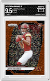 Jayden Daniels from the 2024 Panini Prizm set featuring a Disco parallel graded by Arena Club and given an overall grade of 9.5.
