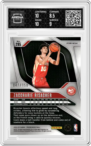 Zaccharie Risacher from the 2024-25 Panini Prizm set featuring a Fast Break Blue parallel graded by Arena Club and given an overall grade of 9.