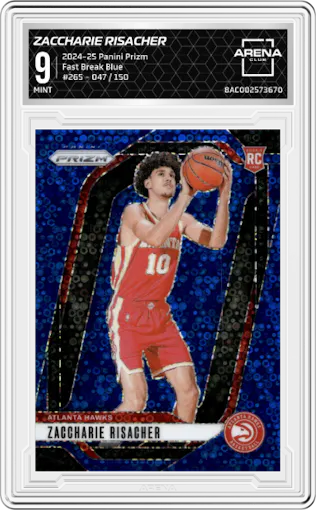 Zaccharie Risacher from the 2024-25 Panini Prizm set featuring a Fast Break Blue parallel graded by Arena Club and given an overall grade of 9.