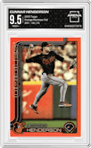 Gunnar Henderson from the 2025 Topps set featuring a Orange Rainbow Foil parallel graded by Arena Club and given an overall grade of 9.5.