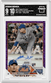 Kodai Senga from the 2023 Topps Chrome set featuring a Purple Speckle Refractor parallel graded by Arena Club and given an overall grade of 9.