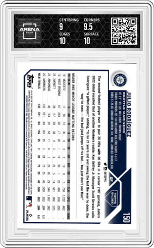 Julio Rodriguez from the 2023 Topps Gilded Collection set featuring a Wave Gold Etch parallel graded by Arena Club and given an overall grade of 9.5.