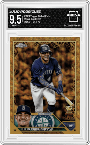 Julio Rodriguez from the 2023 Topps Gilded Collection set featuring a Wave Gold Etch parallel graded by Arena Club and given an overall grade of 9.5.
