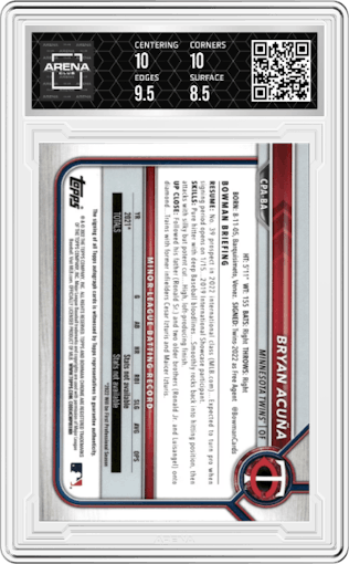 Bryan Acuna from the 2022 Bowman set featuring a Gold Refractor  parallel graded by Arena Club and given an overall grade of 9.