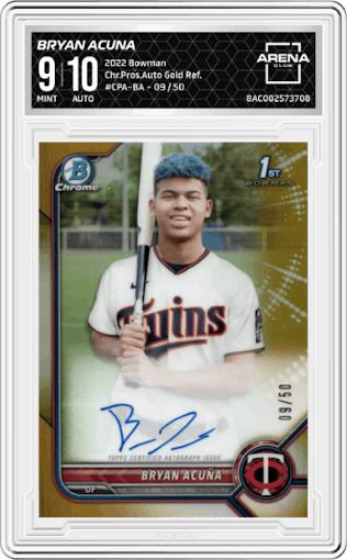 Bryan Acuna from the 2022 Bowman set featuring a Gold Refractor  parallel graded by Arena Club and given an overall grade of 9.