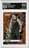 Luka Doncic from the 2024-25 Panini Prizm set featuring a Fast Break Orange parallel graded by Arena Club and given an overall grade of 9.5.