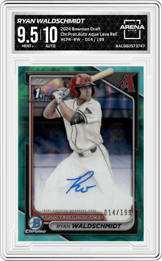 Ryan Waldschmidt from the 2024 Bowman Draft set featuring a Aqua Lava Refractor   parallel graded by Arena Club and given an overall grade of 9.5.