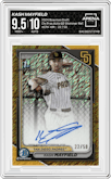 Kash Mayfield from the 2024 Bowman Draft set featuring a Gold Shimmer Refractor parallel graded by Arena Club and given an overall grade of 9.5.